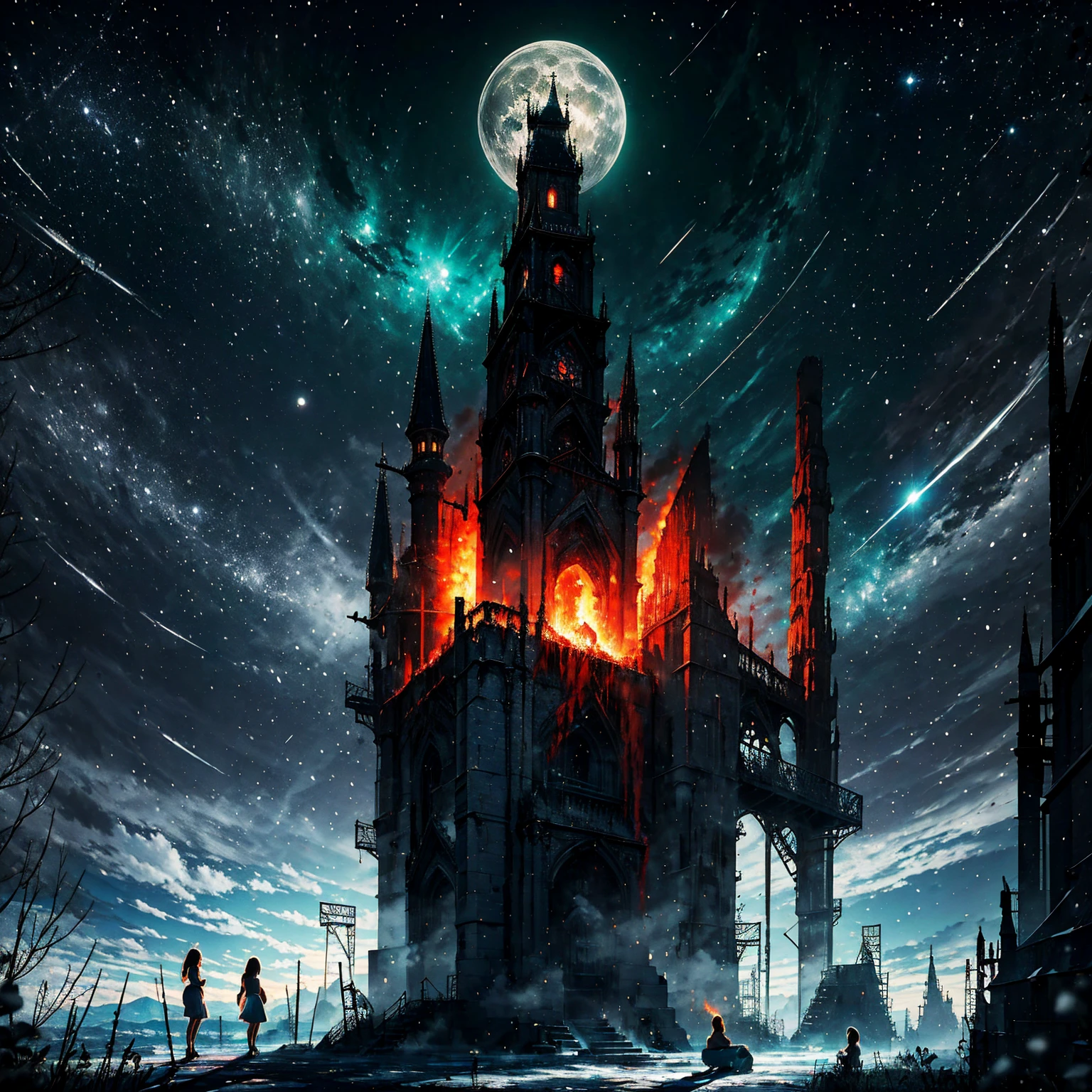 1girl (Solo), bob hair with bangs, black hair, breasts, small size, yellow eyes, tanned skin, serious face, nude, full body, sitting, lot of cum on sex, (blood:1.1), fire magic, (night), white moon, dark medieval castle, mountain behind, snow ground, very sexy body, detailed face, highly detailed, 8k, best quality, masterpiece, vibrant colors, digital art, concept art