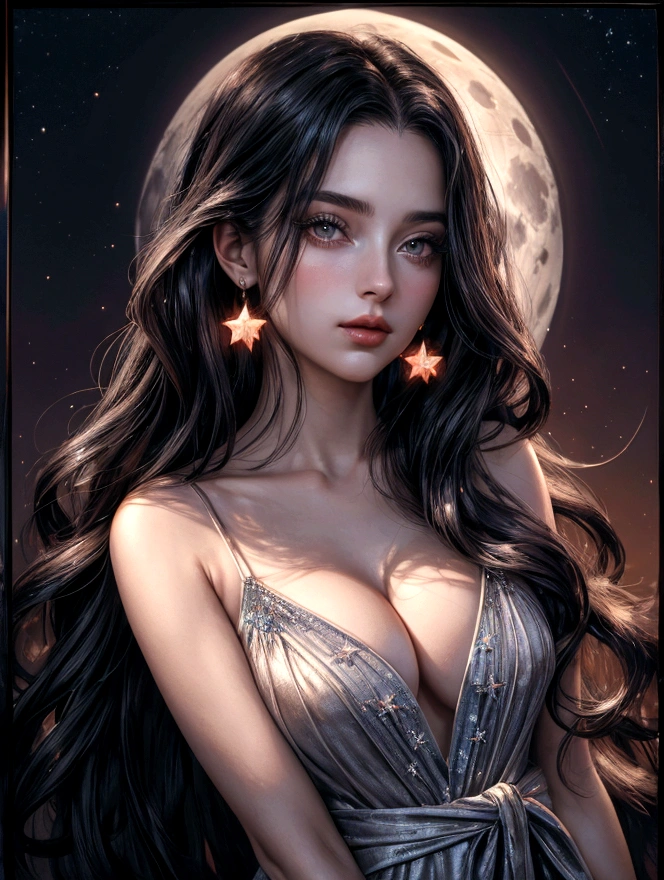 A Seductive Masterpiece of the Highest Quality and 8k Resolution: This captivating image showcases a mesmerizing landscape of a moonlit and a star-spangled American flag, bathed in the ethereal glow of high contrast lighting. The depth of field expertly guides the viewer's gaze to a breathtaking close-up of a woman dressed in a star-spangled American flag dress, celebrating the Fourth of July. Her long, wavy, dark hair cascades down to her waist, framed by lush, elegant eyelashes that contrast beautifully against her pale skin. Her eyes, shimmering with a mysterious allure.