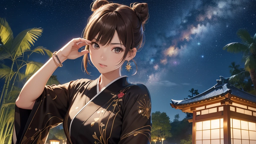 (Very detailed,High resolution,masterpiece:1.2)Japanese、Night view, Starry Sky、milky way、Tanabata bamboo decorations Light brown hair. She is wearing a long-sleeved top.、Earring Accessories, bracelet, clock. .(Highest quality:1.2), Very detailed, High resolution, Tabletop:1,2, Vibrant colors, Bokeh, Professional Lighting, Physically Based Rendering, Flat Color:0.8, Fine 図, Realistic:1.37, Shinkai Makoto style, Your name style, Bun Hair。,(masterpiece: 1,2)、(masterpiece: 1,2)、High resolution、超High resolution、Highest quality、High resolution、