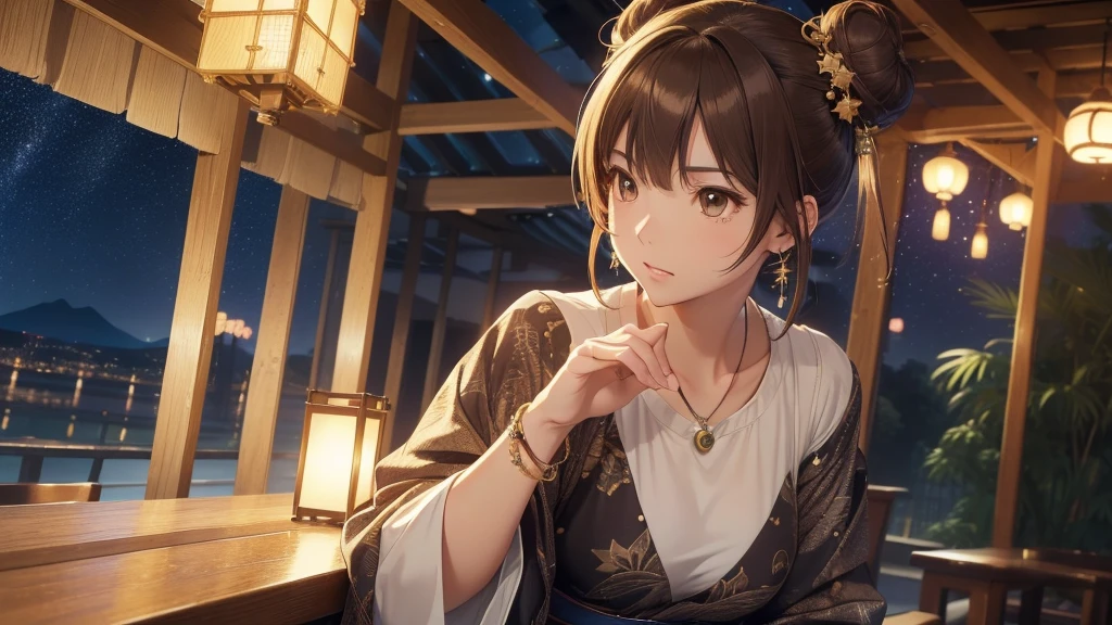 (Very detailed,High resolution,masterpiece:1.2)Japanese、Night view, Starry Sky、milky way、Tanabata bamboo decorations Light brown hair. She is wearing a long-sleeved top.、Earring Accessories, bracelet, clock. .(Highest quality:1.2), Very detailed, High resolution, Tabletop:1,2, Vibrant colors, Bokeh, Professional Lighting, Physically Based Rendering, Flat Color:0.8, Fine 図, Realistic:1.37, Shinkai Makoto style, Your name style, Bun Hair。,(masterpiece: 1,2)、(masterpiece: 1,2)、High resolution、超High resolution、Highest quality、High resolution、