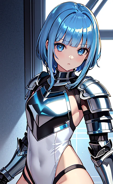 (close to viewer:1.5)、(masterpiece:1.5、Photorealistic:1.4,anime coloring:1.4、high resolution:1.4)、,(spot light:1.2、Exquisite beautiful eye:1.5,)、(stand:1.5)、()、(upper body:1.5)、
(kind eyes、tareme:1.4),()、(Cute Face)、(blue hair:1.5)、(middle hair:1.5),(sidelock :1.6),(blunt bangs:1.3),(1 girl)、(blue eyes:1.2)、(clear face:1.5),()、(solo)、(chromium　metal black :1.5) ,(Abdominal muscles),(flat chest),(),(leotard armor:1.5),(Leg guard)、()、()、Slim Body(),Shiny Hair、