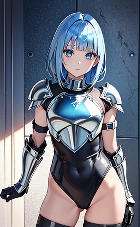 (close to viewer:1.5)、(masterpiece:1.5、Photorealistic:1.4,anime coloring:1.4、high resolution:1.4)、,(spot light:1.2、Exquisite beautiful eye:1.5,)、(stand:1.5)、()、(upper body:1.5)、
(kind eyes、tareme:1.4),()、(Cute Face)、(blue hair:1.5)、(middle hair:1.5),(sidelock :1.6),(blunt bangs:1.3),(1 girl)、(blue eyes:1.2)、(clear face:1.5),()、(solo)、(chromium　metal black :1.5) ,(Abdominal muscles),(flat chest),(),(leotard armor:1.5),(Leg guard)、()、()、Slim Body(),Shiny Hair、