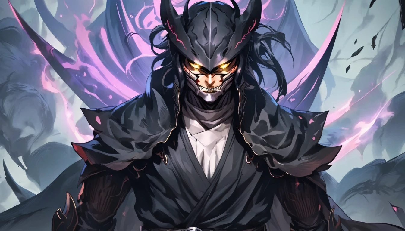 ninja mask, cape,close up, black heavy detailed clothes, katana, art, dark and malevolent, hand sword, armor, powerful and intimidating, (masterpiece, best quality, ultra-detailed, best shadow), (detailed background, dark fantasy) dramatic light, intricate details, dark and malevolent, powerful and intimidating, Dark and foreboding, malevolent force, sinister and chilling, armor, high detailed background, girl in demon slayer art, demon slayer art style, epic anime art, God death