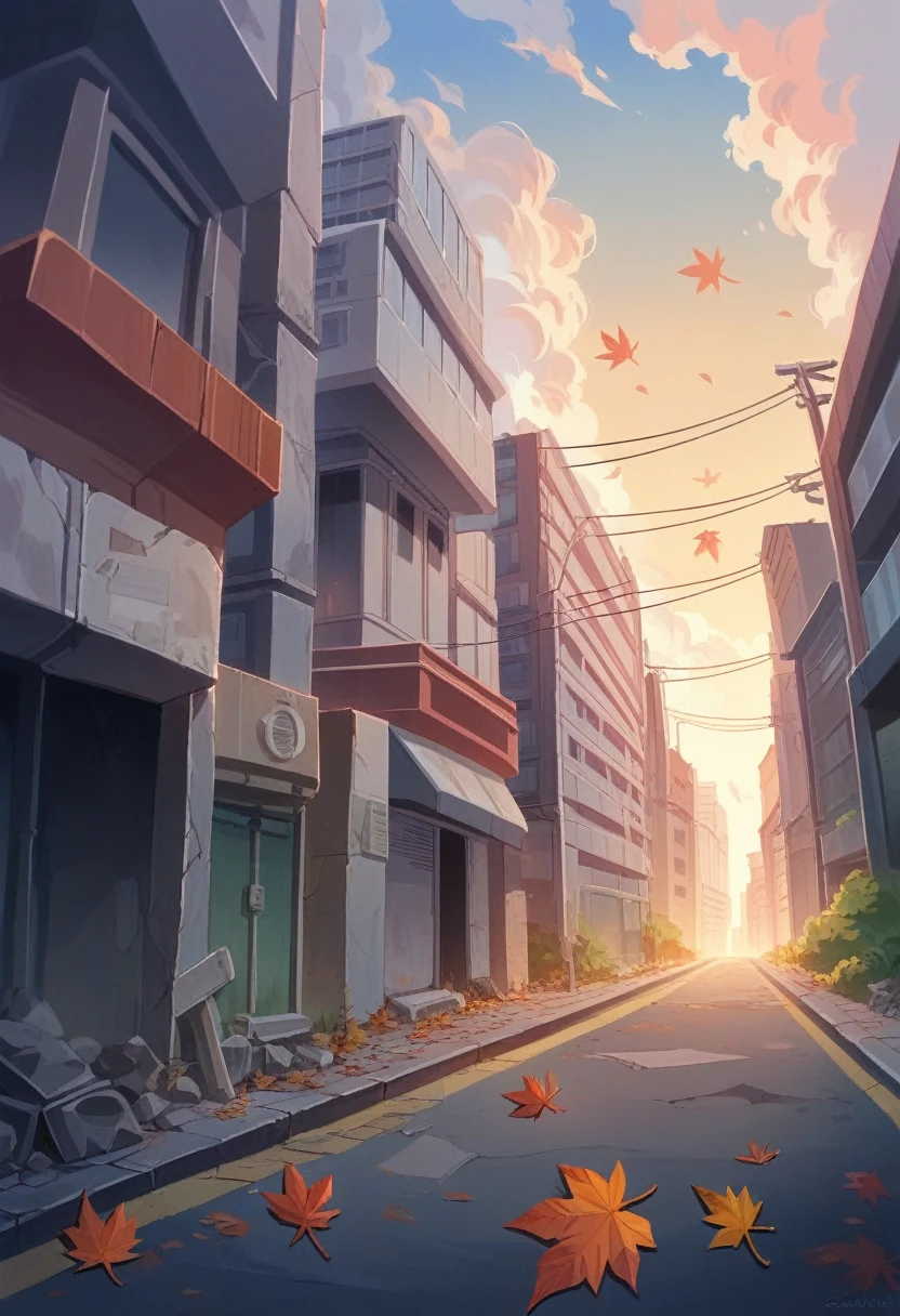 Japan, High resolution, Highest quality, figure, Super detailed, (Detailed face), (Fine grain), Soft lighting, Highest quality, Faint glow, Dreamy atmosphere, Super detailed, masterpiece, One girl, alone, Silver Hair, Green Eyes, knit, Glowing Eyes, Medium chest, (colorful), Cowboy Shot, From below, Outdoor, morning, cloud, Skyscrapers in the background, industrial use, public transport, Urban, concrete buildings, concrete, Sidewalk, busy, wood, autumn, Fallen leaves,