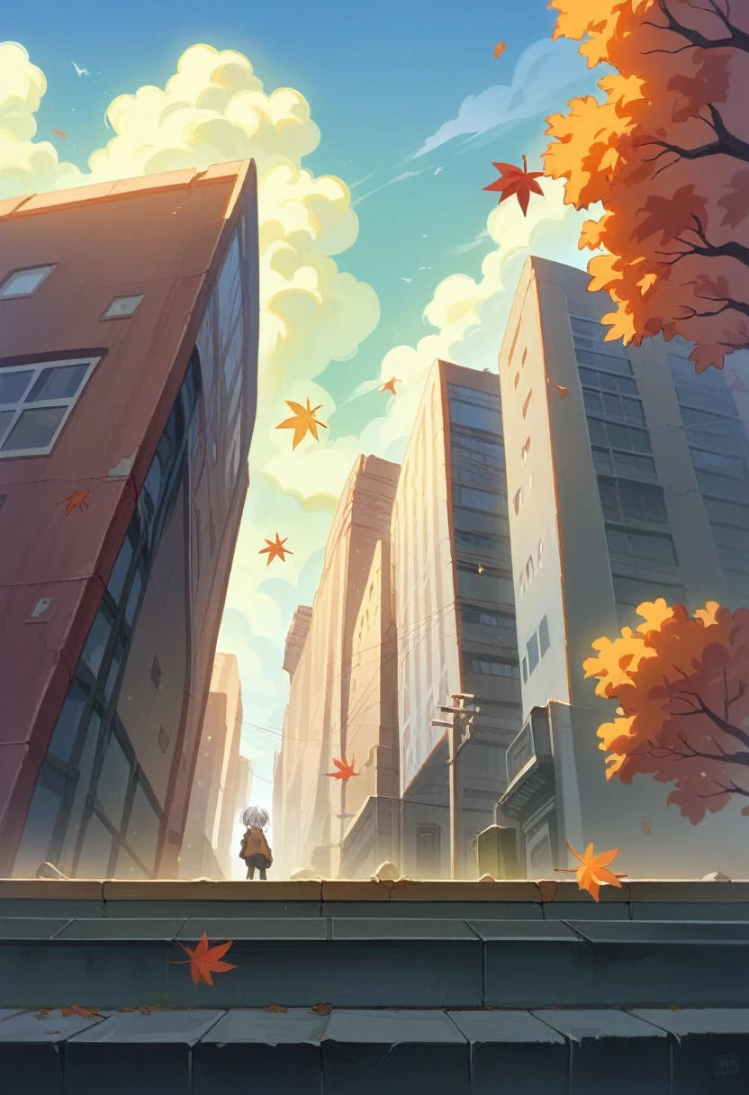 Japan, High resolution, Highest quality, figure, Super detailed, (Detailed face), (Fine grain), Soft lighting, Highest quality, Faint glow, Dreamy atmosphere, Super detailed, masterpiece, One girl, alone, Silver Hair, Green Eyes, knit, Glowing Eyes, Medium chest, (colorful), Cowboy Shot, From below, Outdoor, morning, cloud, Skyscrapers in the background, industrial use, public transport, Urban, concrete buildings, concrete, Sidewalk, busy, wood, autumn, Fallen leaves,
