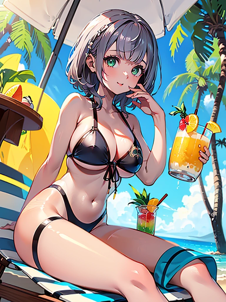 (masterpiece, Highest quality, Super detailed),One girl,((super fine illustration)),((cute eyes,highly detailed skin)),((well endowed,Blessed,Captivating body、Detailed Background))、(sun、vacation、Tropical、White sand beach、I can see the ocean in the distance)、(glossy skin:1.4), (face full of joy:1.3), (Sipping tropical juice while sitting on a lounger under a beach umbrella:1.3)