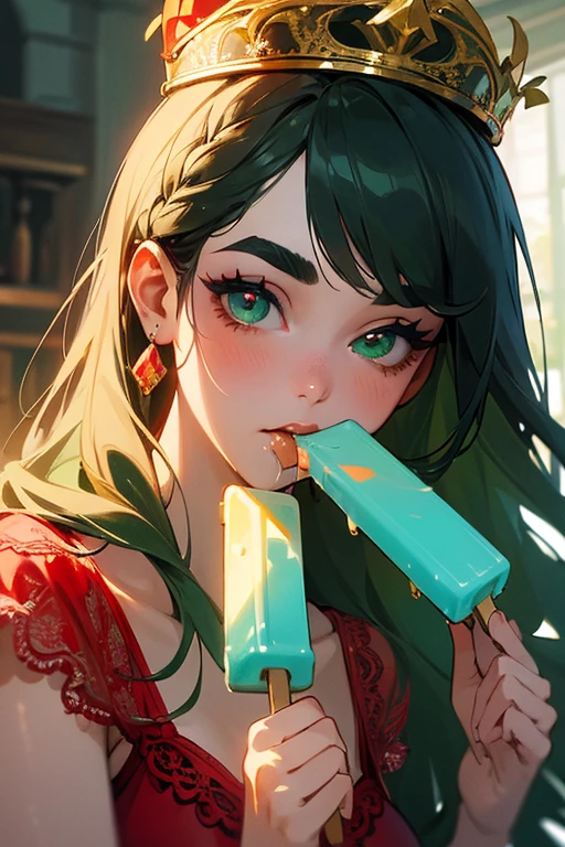(Highest quality, masterpiece:1.2), High resolution, Very detailed, Realistic:1.37, Fantasy, An illustration, Green Eyes、Queen, ((Red lace swimsuit)).Platinum decoration、beautifully、Eyeshadow Red、Thick eyebrows、Long eyelashes、pupils are black、Her hair is dark green、Gold crown、Kissing Face、Embarrassing、Beloved by the crowd、Hair is green、Braiding、hair ornaments、((Eating popsicles)).