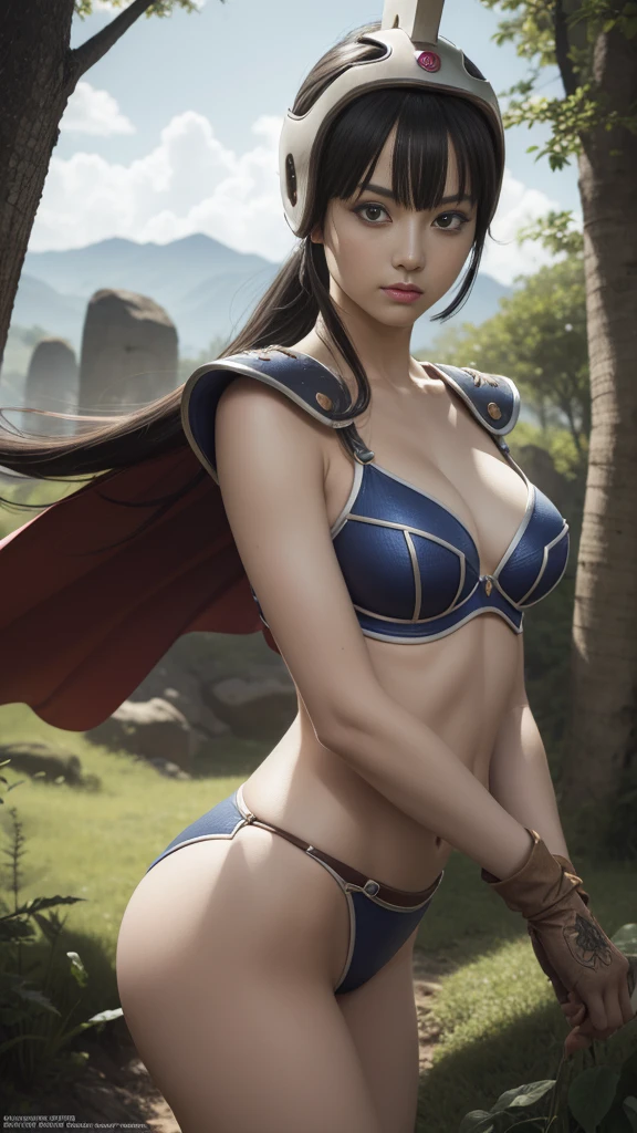 dragonballchichi, chi chi, (black eyes:1.5), black hair, long hair, hime cut, blunt bangs, sidelocks,
BREAK armor, bikini armor, cape, collarbone, gloves, helmet, navel, pauldrons, shoulder armor, cleavage,
BREAK outdoors, nature, forest, cloud, sky, sun,
BREAK turn back, show her butt, (cowboy shot:1.5),
BREAK (masterpiece:1.2), best quality, high resolution, unity 8k wallpaper, (illustration:0.8), (beautiful detailed eyes:1.6), extremely detailed face, perfect lighting, extremely detailed CG, (perfect hands, perfect anatomy),