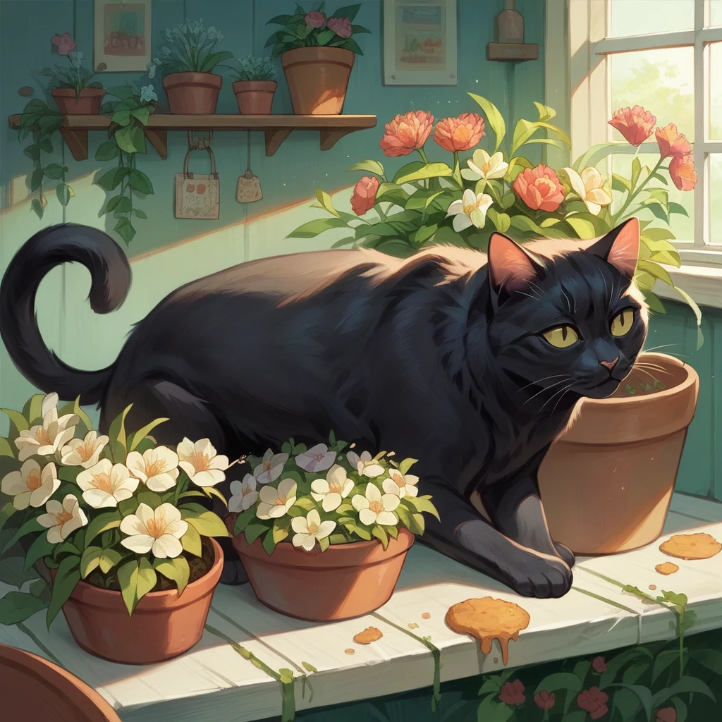 masterpiece, Best quality, ultra realistic image, ((cat eats flowers)), flowers in a pot, Flowers on the windowsill, Black fluffy cat