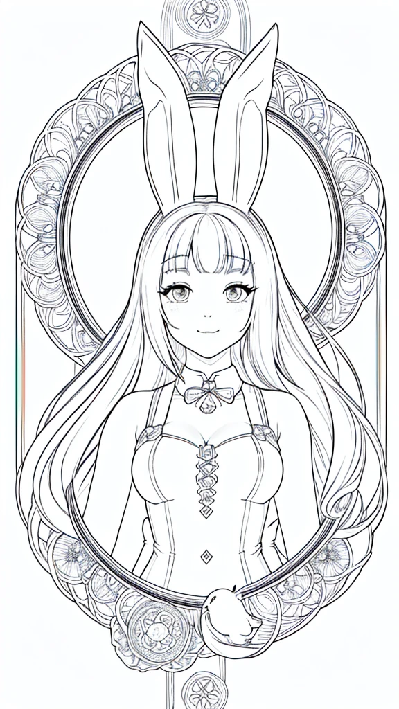 (Bunny girl:1.5), 8k, black and white drawing of circular design, intricate thin lines, centering radial design, coloring pages, simplified zentangle, coloring book outline, black and white only, no outline, intricate designs, coloring book, celtic design, intricate lines, no gradients