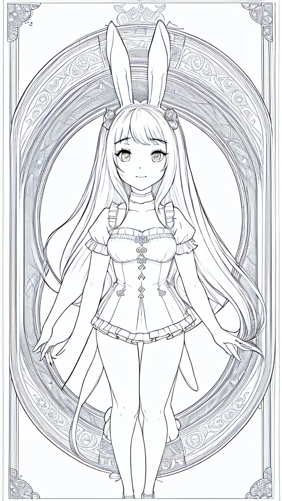 (Bunny girl:1.5), 8k, black and white drawing of circular design, intricate thin lines, centering radial design, coloring pages, simplified zentangle, coloring book outline, black and white only, no outline, intricate designs, coloring book, celtic design, intricate lines, no gradients