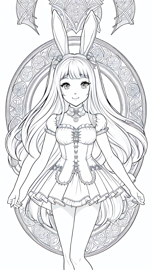 (Bunny girl:1.5), 8k, black and white drawing of circular design, intricate thin lines, centering radial design, coloring pages, simplified zentangle, coloring book outline, black and white only, no outline, intricate designs, coloring book, celtic design, intricate lines, no gradients