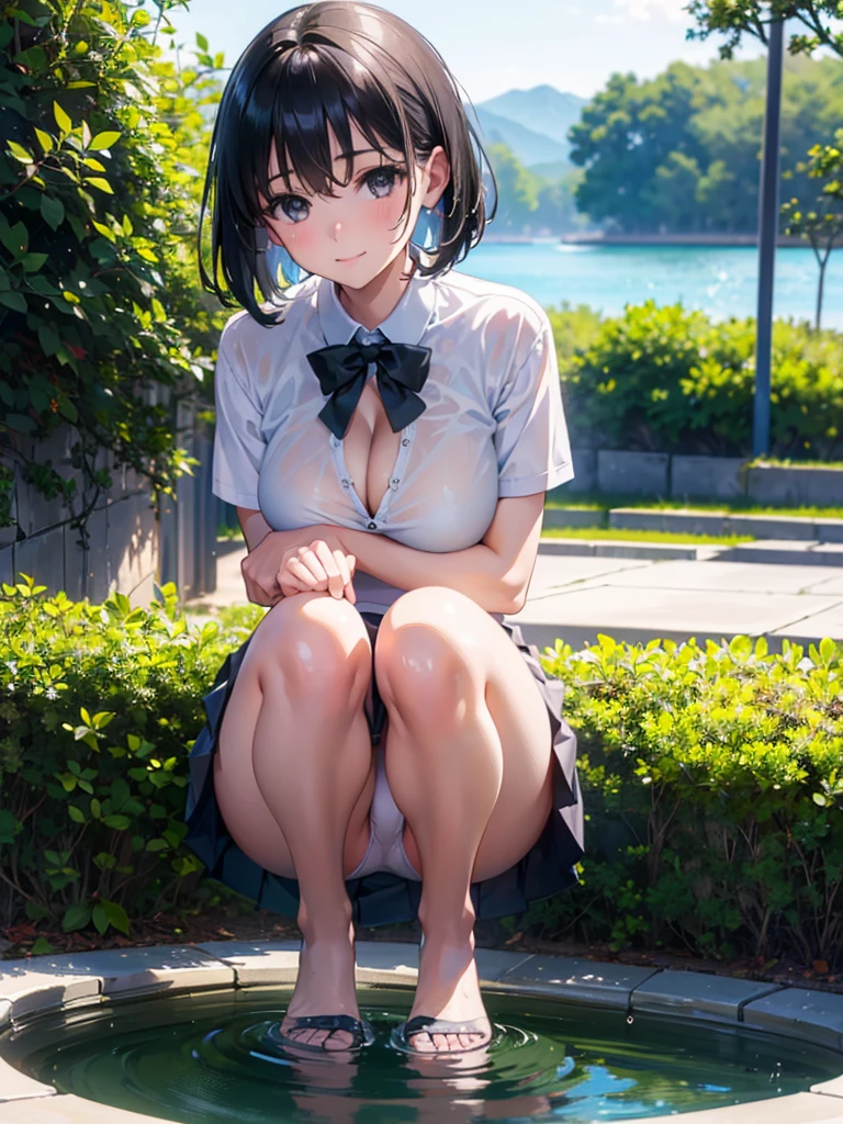 (Highest quality, masterpiece, Ultra-high resolution, (Photorealistic:1.4), RAW Photos),One girl,chool uniform,(wet:1.1), short sleeve, water drops,skirt lift,show off white panties,pull panties,undressing(Very short black hair, Amazingly cute face, Very beautiful big black eyes)), Very lean body, Very flat and beautiful Massive Breasts and a beautiful ass, An innocent smile,Showcasing cleavage, legs, stretch legs, hip, from behind, (Showcasing cleavage,squatting), View Viewer, Detailed face, Fine grain, Detailed Hair, Detailed body, Thigh details, Detailed Swimsuit