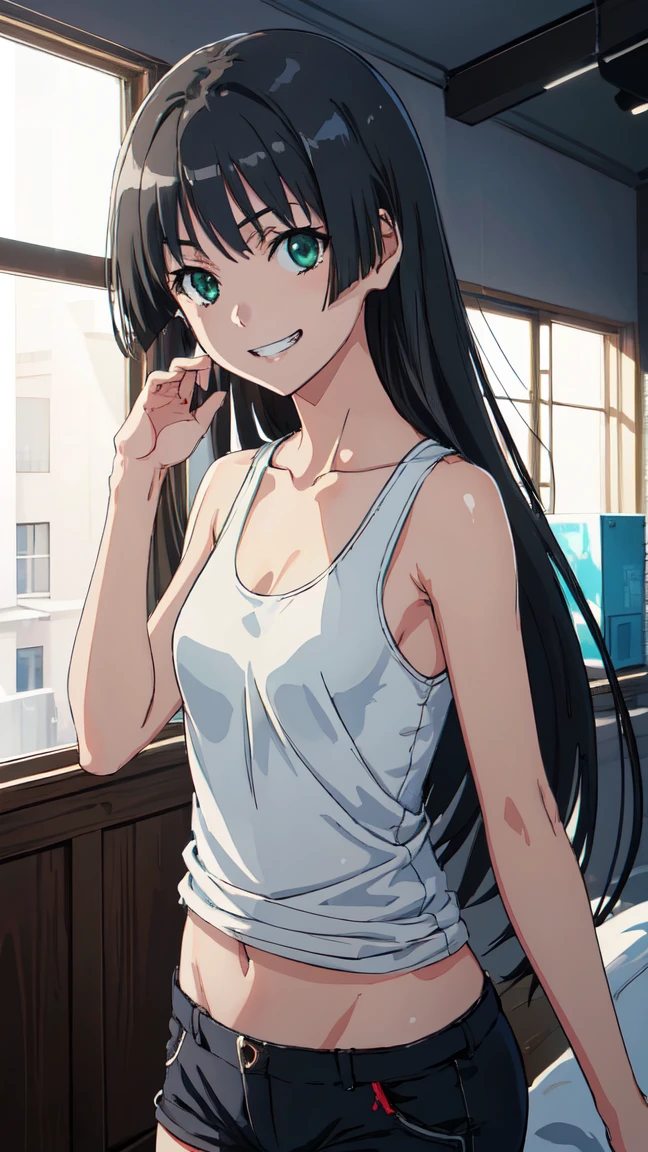 (High resolution:1.4), (masutepiece:1.2), (High quality:1.3) 1girl, saten ruiko, green eyes, long hair, black hair, small breast, tank top, hot pants, cinematic lighting, pov, grin, dynamic angle,