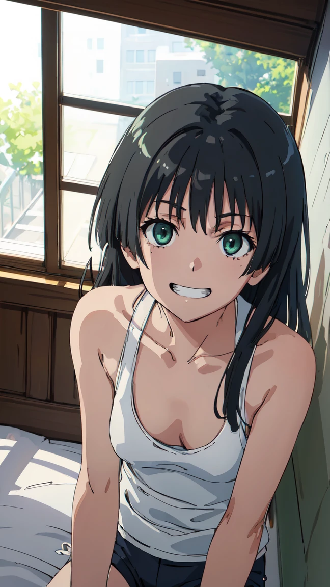 (High resolution:1.4), (masutepiece:1.2), (High quality:1.3) 1girl, saten ruiko, green eyes, long hair, black hair, small breast, tank top, hot pants, cinematic lighting, pov, grin, dynamic angle,