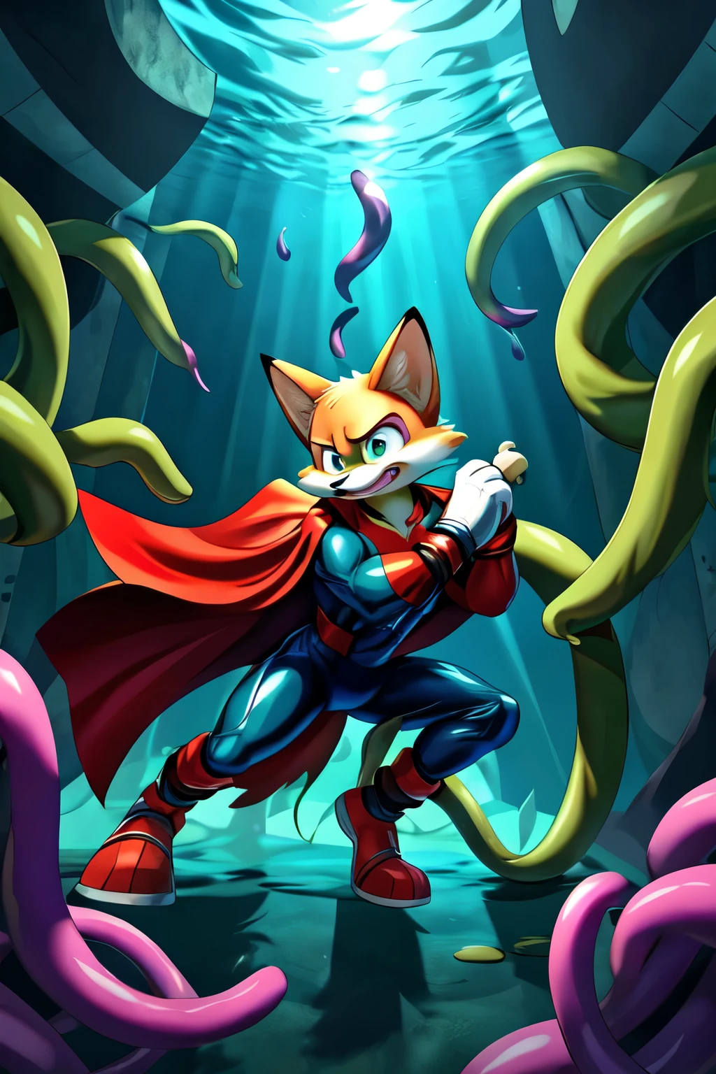Tails the Fox from Sonic the hedgehog, athletic, wearing cool spandex superhero costume, wearing a cape, goo tentacles surrounding him, inside a villain's underwater lair, attacked by tentacles, pulling on a tentacle wrapped on his arm, high quality, action pose, zootopia style