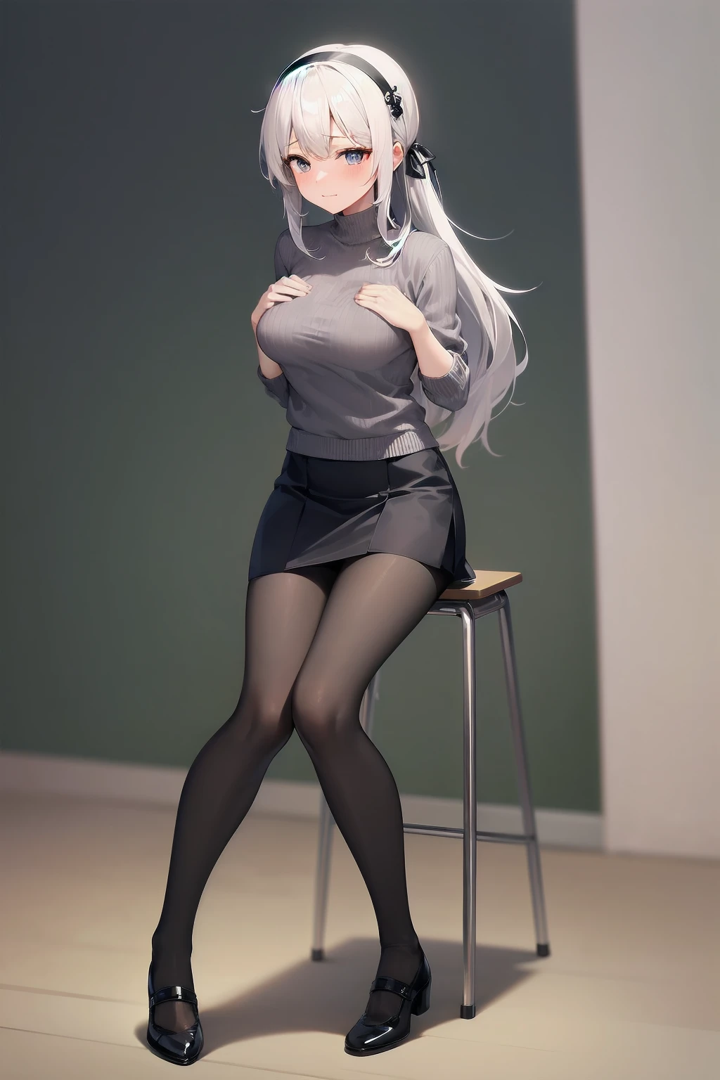 white hair, long hair, hair strand, kanzashi, hair bobbles, uhd, retina, masterpiece, textured skin, high quality, best quality, highres, 8K,Black Silk,Black pantyhose,Medium round breasts,High Ponytail,Ribbon,Hairband,Light grey sweater,nylon tights,Short sleeve,Short skirt,Slender legs,Elegant posture,Tempting, Tuck your sweater into your skirt,Full body portrait,School classroom,Legs tucked in hands,Biting your lips,Shy,Blushing,Shy。