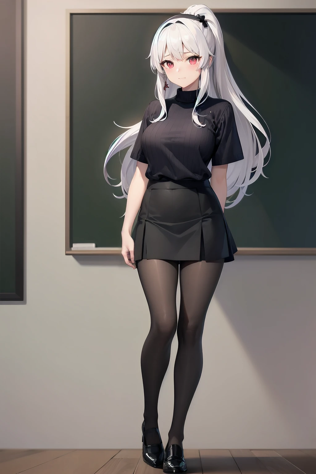 white hair, long hair, hair strand, kanzashi, hair bobbles, uhd, retina, masterpiece, textured skin, high quality, best quality, highres, 8K，Black Silk，Black pantyhose，Medium round breasts，High Ponytail，Ribbon，Hairband，Light grey sweater，nylon tights，Short sleeve，Short skirt，Slender legs，Elegant posture，Tempting， Tuck your sweater into your skirt，Full body portrait，School classroom，Legs tucked in hands，Biting your lips，Shy，Blushing，Shy。