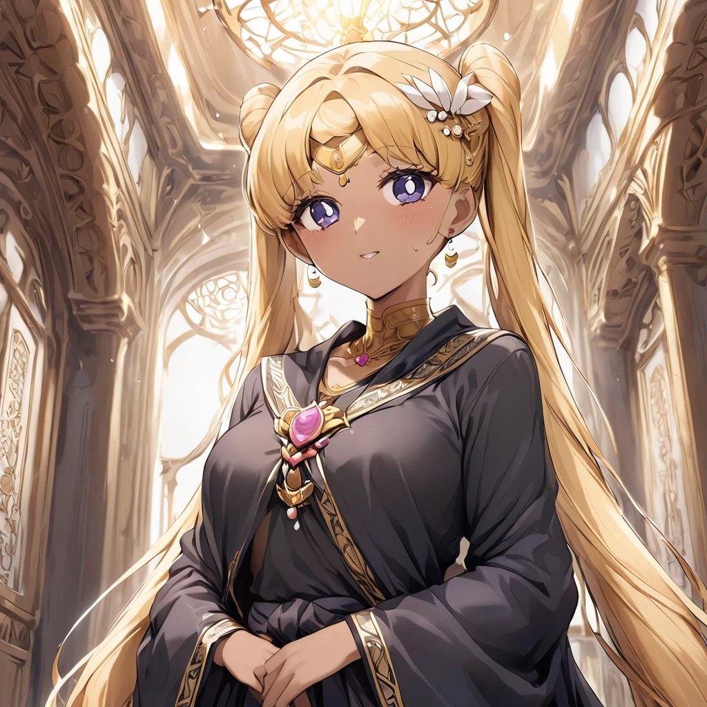 ((Highest quality)), ((masterpiece)), (detailed), （Perfect Face）、The woman is wearing a black chador、The woman is Tsukino Usagi, a devout Muslim., Arab with bright brown skin, In an Islamic prayer hall、金の刺繍が施された豪華なWearing a black chador。, A gorgeous black chador drapes her securely., Gorgeous hair ornament, Gorgeous jewellery and engagement rings. The woman and the man are in a luxurious palace, And the woman、Wearing Arab national dress、In an Islamic prayer hall with a dignified bearded middle-aged Arab Muslim man。.、The woman is the elegant Tsukino Usagi, Her long blonde hair was tied in twin tails, Wearing a black chador. She is a devout Muslim Arab with vibrant brown skin.。.、（The woman was named Tsukino Usagi.、He is a dark-skinned Arab and a devout Muslim.。.）