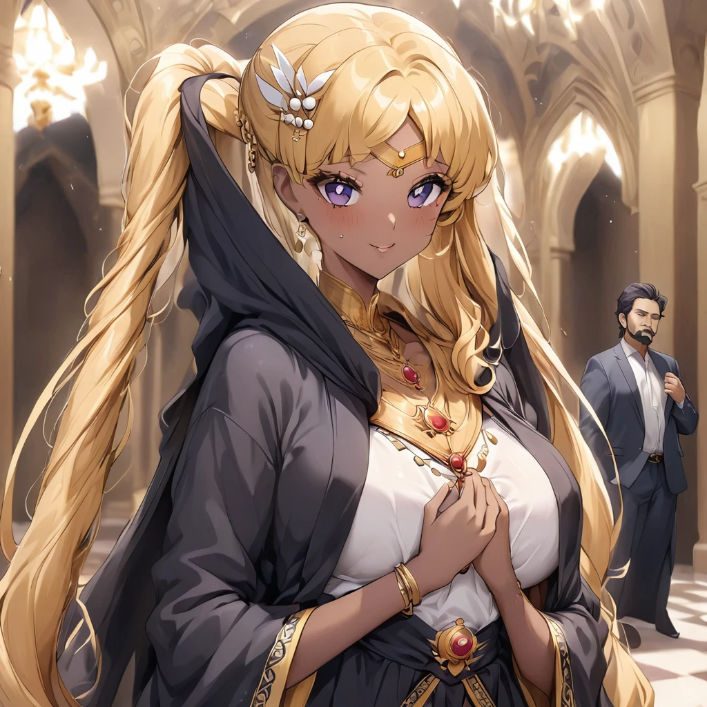((Highest quality)), ((masterpiece)), (detailed), (Perfect Face)、The woman is wearing a black chador、The woman is Tsukino Usagi, a devout Muslim., Arab with bright brown skin, In an Islamic prayer hall、金の刺繍が施された豪華なWearing a black chador。, A gorgeous black chador drapes her securely., Gorgeous hair ornament, Gorgeous jewellery and engagement rings. The woman and the man are in a luxurious palace, And the woman、Wearing Arab national dress、In an Islamic prayer hall with a dignified bearded middle-aged Arab Muslim man。.、The woman is the elegant Tsukino Usagi, Her long blonde hair was tied in twin tails, Wearing a black chador. She is a devout Muslim Arab with vibrant brown skin.。.、(The woman was named Tsukino Usagi.、He is a dark-skinned Arab and a devout Muslim.。.)