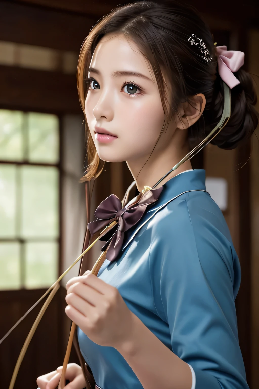 ((masterpiece, Highest quality, High resolution)), (Draw a bow:1.5), One girl practicing archery, (Realistic: 1.4), Great face, 15 years old, Medium Hair, (Beautiful Hair:1.5), Kyudo uniform, The background is a kyudo hall, Side angle, Smooth, Highly detailed CG composite 8K wallpaper, High resolution RAW color photos, Professional photography, Light, BackLight, dream-like, impressive, Written boundary depth