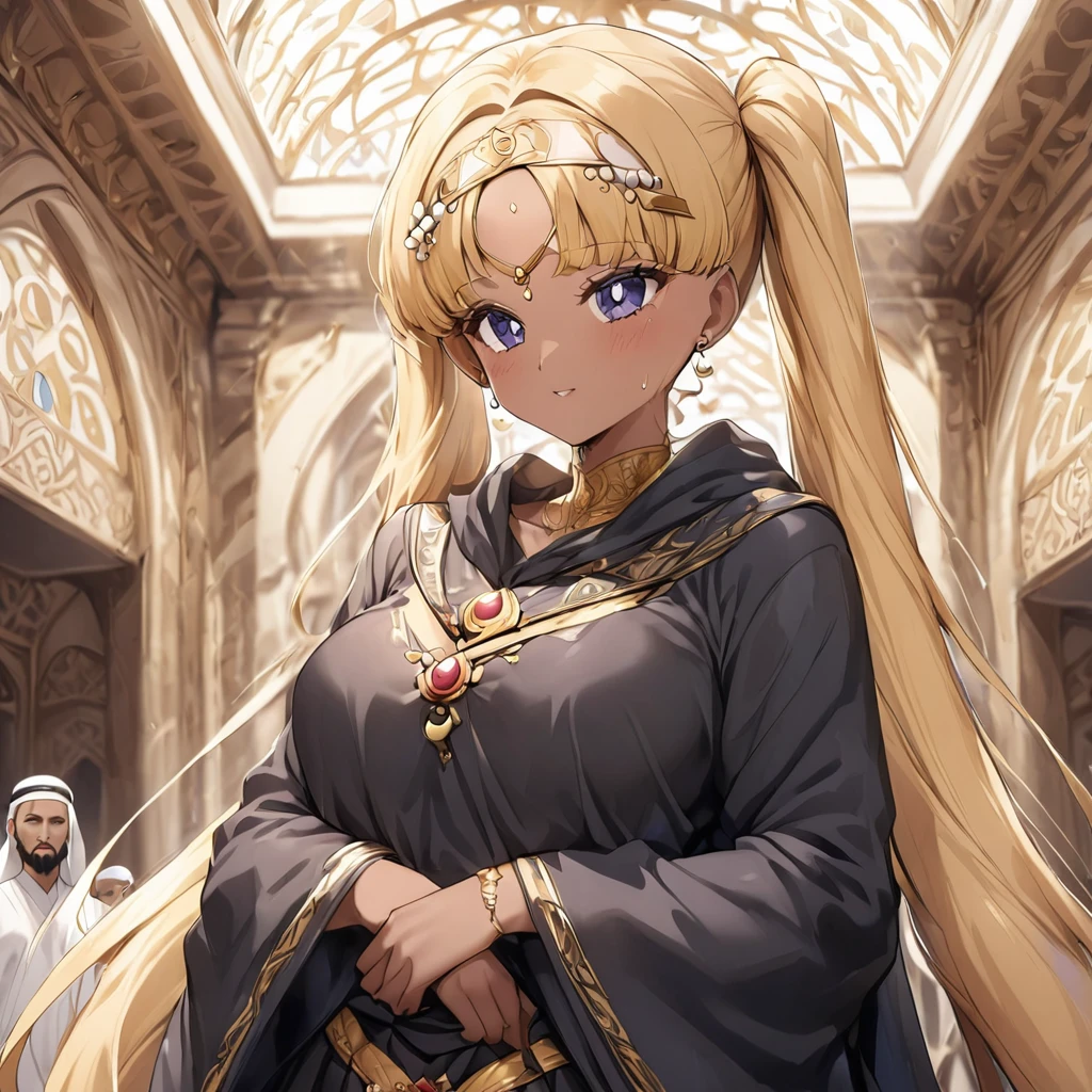 ((Highest quality)), ((masterpiece)), (detailed), (Perfect Face)、The woman wears a black chador、The woman is Tsukino Usagi, a devout Muslim., Arab with bright brown skin, In an Islamic prayer hall、金の刺繍が施された豪華なWearing a black chador。, A gorgeous black chador covers her completely., Gorgeous hair ornament, Gorgeous jewellery and engagement rings. The woman and the man are in a luxurious palace, And the woman、Wearing Arab national dress、In an Islamic prayer hall with a dignified bearded middle-aged Arab Muslim man。.、The woman is the elegant Tsukino Usagi, Her long blonde hair was tied in twin tails, Wearing a black chador. She is a devout Muslim Arab with vibrant brown skin.。.、(The woman was named Tsukino Usagi.、He is a dark-skinned Arab and a devout Muslim.。.)