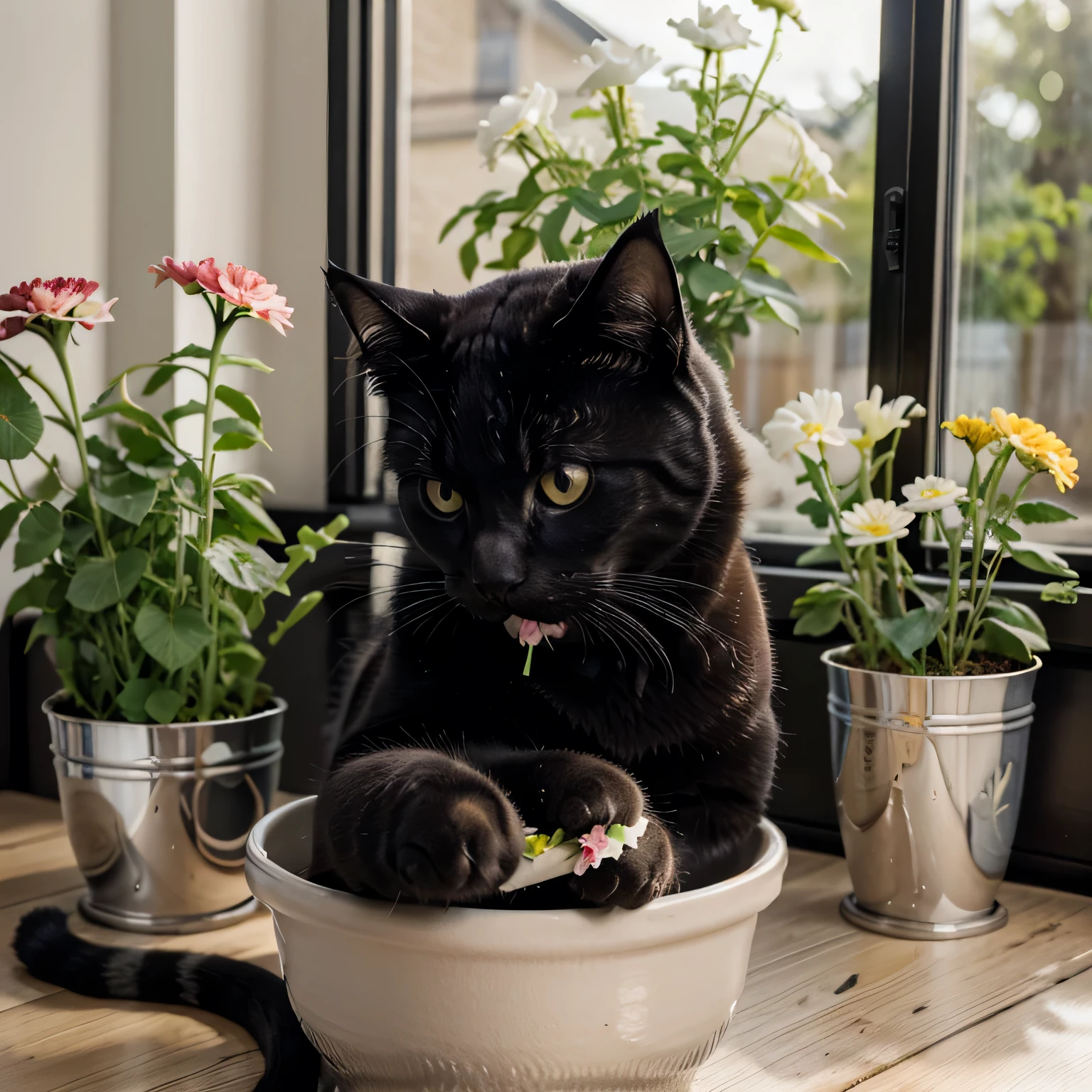 masterpiece, Best quality, ultra realistic image, ((cat eats flowers)), flowers in a pot, Flowers on the windowsill, Black fluffy cat