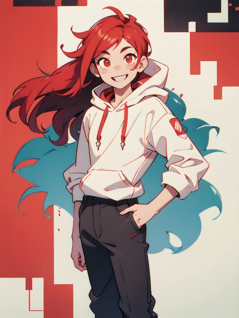 １０Year old boy、White and red long hair、Red hoodie、Cyberpunk Style、A cheerful smile、whole body