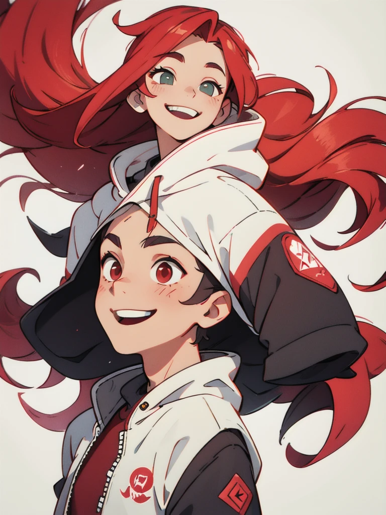 １０Year old boy、White and red long hair、Red hoodie、Cyberpunk Style、A cheerful smile、whole body