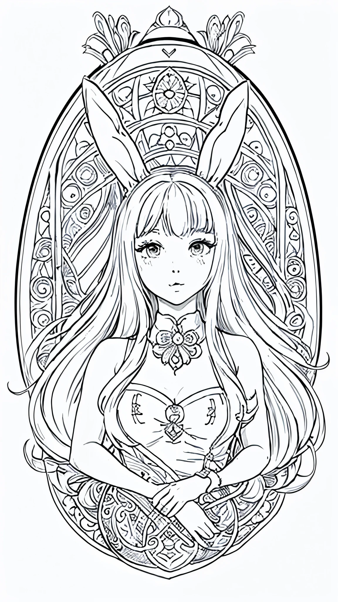 (Bunny girl:1.5), 8k, black and white drawing of circular design, intricate thin lines, centering radial design, coloring pages, simplified zentangle, coloring book outline, black and white only, no outline, intricate designs, coloring book, celtic design, intricate lines, no gradients