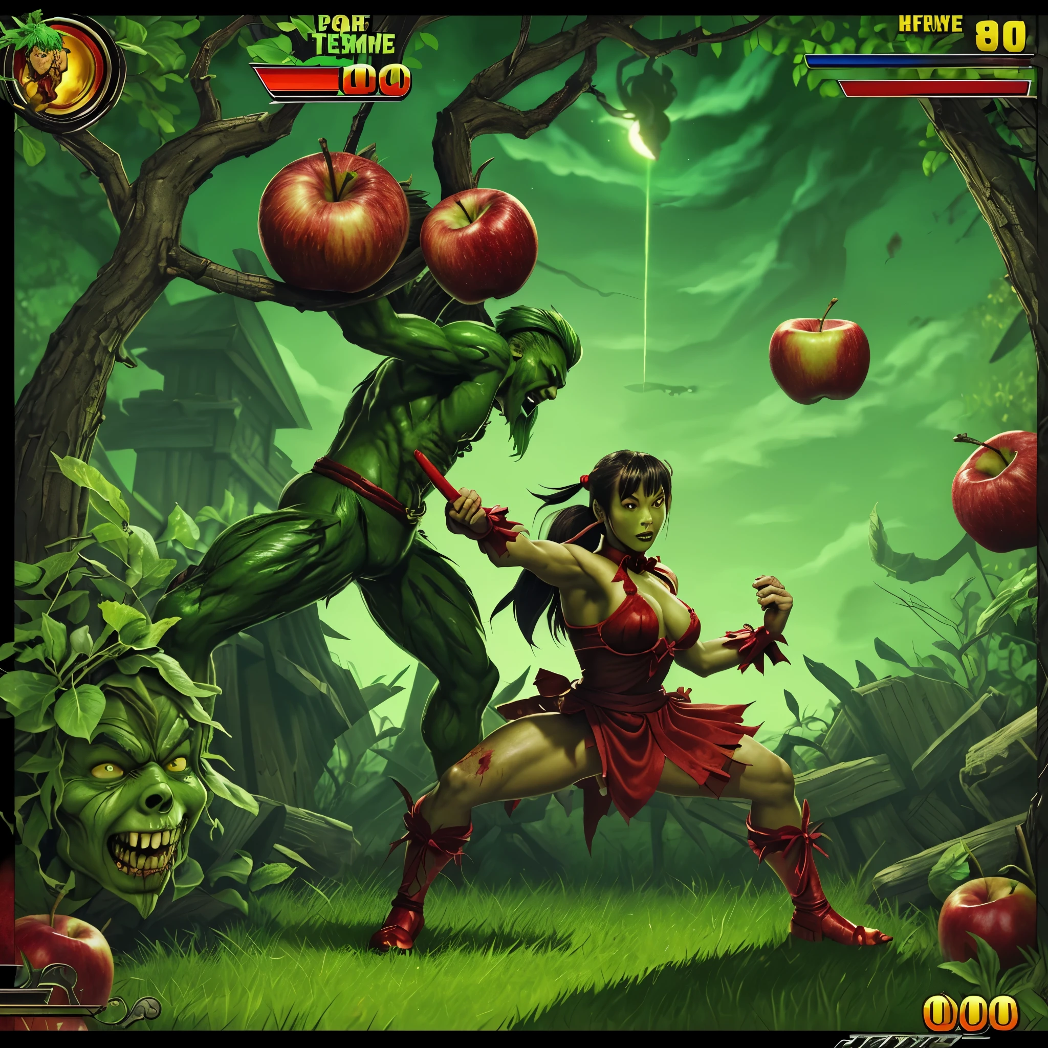 (street Fighter 2 16 bit game) Custom character 'treeman' (evil apple tree man from Wizard of Oz, dark bark skin, apples hanging in his hair) is tossing apples at and battling (subject 2: Zombie Chun Li (sexy fighting outfit, battle damage, green skin, zombie shamble, kinda gross)
