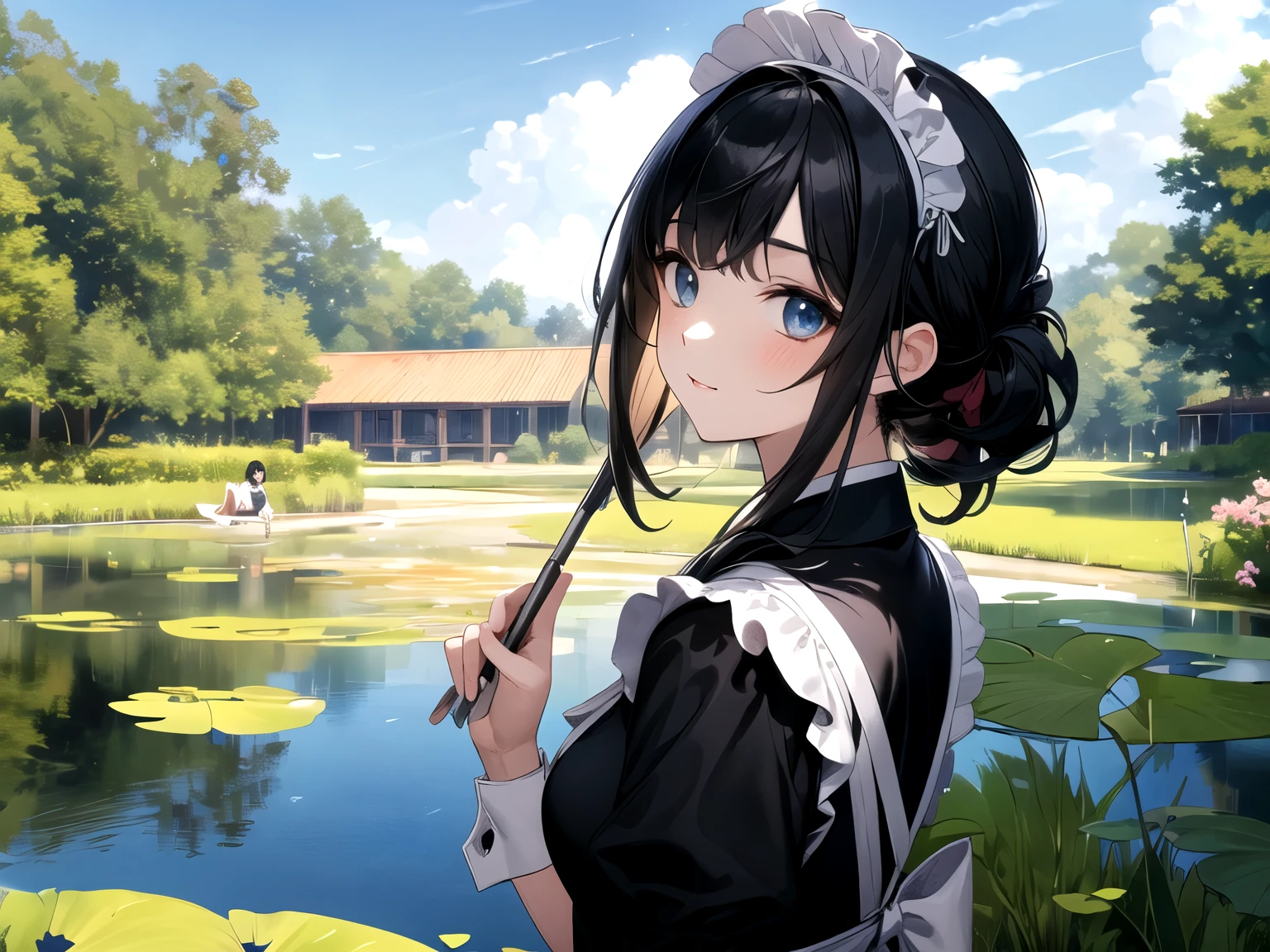 a pretty maid girl, black hair, black maid uniform, looking into the beautiful pond, blue sky, masterpiece, (high quality)