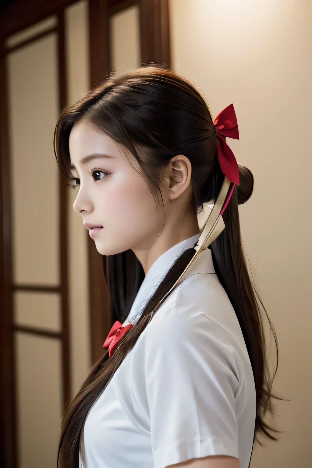 ((masterpiece, Highest quality, High resolution)), (Draw a bow:1.5), One girl practicing archery, (Realistic: 1.4), Great face, , Medium Hair, (Beautiful Hair:1.5), Kyudo uniform, The background is a kyudo hall, Side angle, Smooth, Highly detailed CG composite 8K wallpaper, High resolution RAW color photos, Professional photography, Light, BackLight, dream-like, impressive, Written boundary depth