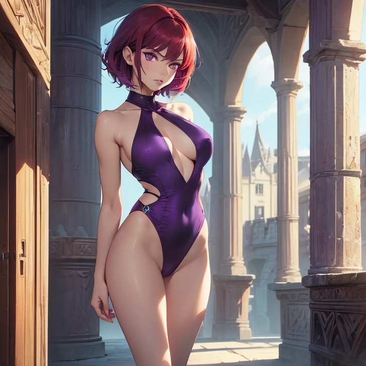 (absurdres, high fantasy artwork, best high quality image, carefuly detailed, very detailed features and textures, detailed color, detailed character, solo alone)
{{(1character: barbarian girl: (scarlet red red red short hair), (purple eyes with black pupils), (very thin lips, white skin, slender figure, medium breasts, huge butt, beautiful arms, broad shoulders, beautiful legs), (she wears: purple one-piece swimsuit), (she looks: seductive pose, very serious face, no sense of humor), (Scenery: medieval irish street celtic forniture)}}