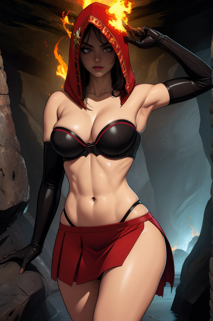 Dsorceress, shadowy face,dark cave, fire, hood, shadowed face, strapless bra, slim and athletic body, miniskirt, no panty, elbow gloves, dark skin, 1 girl (insanely detailed, masterpiece, best quality)