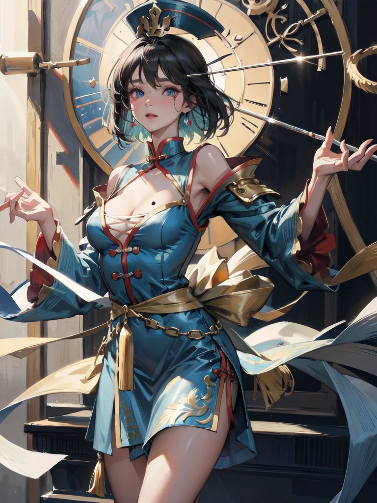 absurdres, RAW photo, extremely delicate and beautiful, masterpiece, Best Quality, ultra high resolution, 32k, hyperrealistic, ultra-detailed, in her 20s, delicate facial features, beautiful detailed girl, extremely detailed eyes and face, beautiful detailed eyes, tearful mole, earring, medium breasts, full body shot, shorter middle hair, black hair, jiangshi costume, hat, blue dress,
