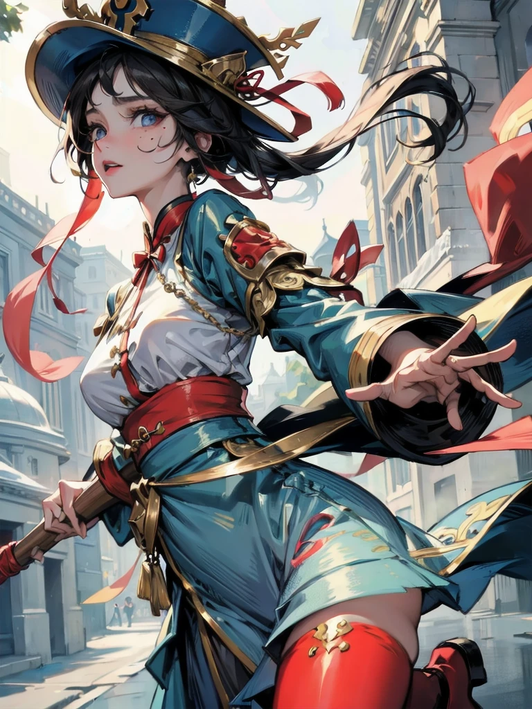 absurdres, RAW photo, extremely delicate and beautiful, masterpiece, Best Quality, ultra high resolution, 32k, hyperrealistic, ultra-detailed, in her 20s, delicate facial features, beautiful detailed girl, extremely detailed eyes and face, beautiful detailed eyes, tearful mole, earring, medium breasts, full body shot, shorter middle hair, black hair, jiangshi costume, hat, blue dress,