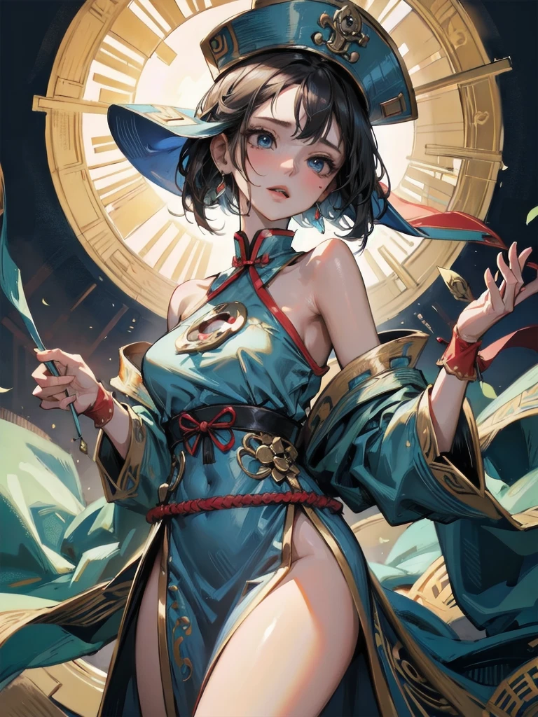 absurdres, RAW photo, extremely delicate and beautiful, masterpiece, Best Quality, ultra high resolution, 32k, hyperrealistic, ultra-detailed, in her 20s, delicate facial features, beautiful detailed girl, extremely detailed eyes and face, beautiful detailed eyes, tearful mole, earring, medium breasts, full body shot, shorter middle hair, black hair, jiangshi costume, hat, blue dress,