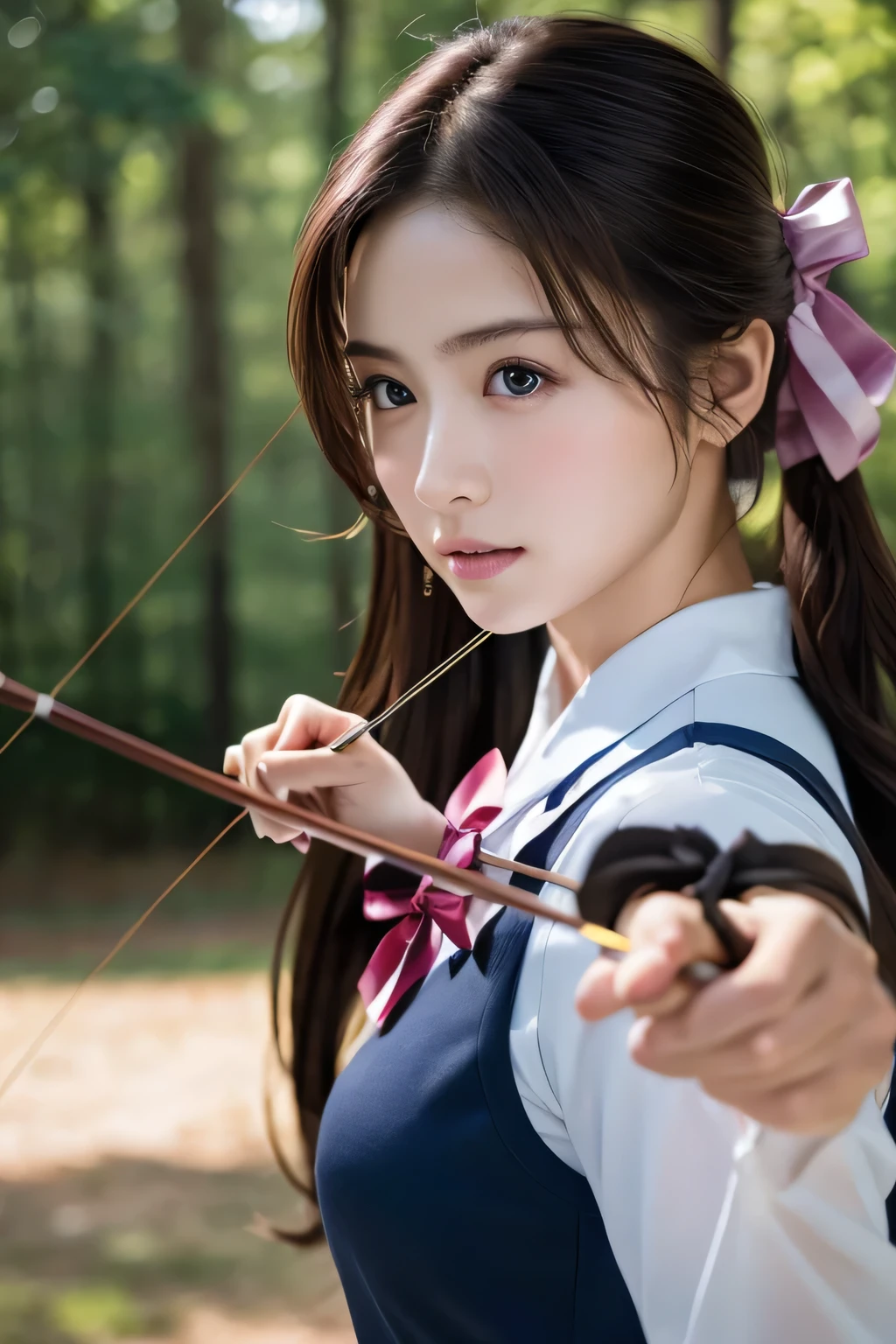 ((masterpiece, Highest quality, High resolution)), (Draw a bow:1.5), One girl practicing archery, (Realistic: 1.4), Great face, , Medium Hair, (Beautiful Hair:1.5), Kyudo uniform, The background is a kyudo hall, Side angle, Smooth, Highly detailed CG composite 8K wallpaper, High resolution RAW color photos, Professional photography, Light, BackLight, dream-like, impressive, Written boundary depth