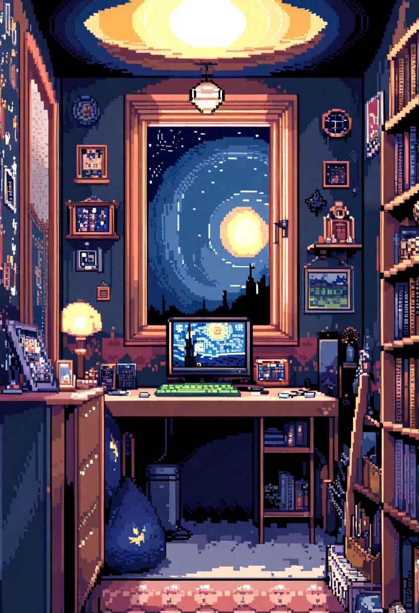 Beautiful gamer room with lots of decorations, Photos and books、And in the room with the window open to see the starry night sky,、No features,Pixel art