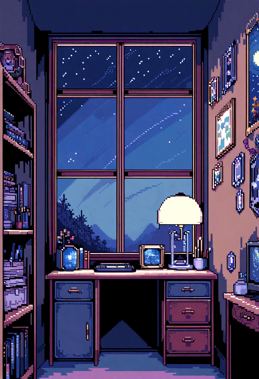 Beautiful gamer room with lots of decorations, Photos and books、And in the room with the window open to see the starry night sky,、No features,Pixel art