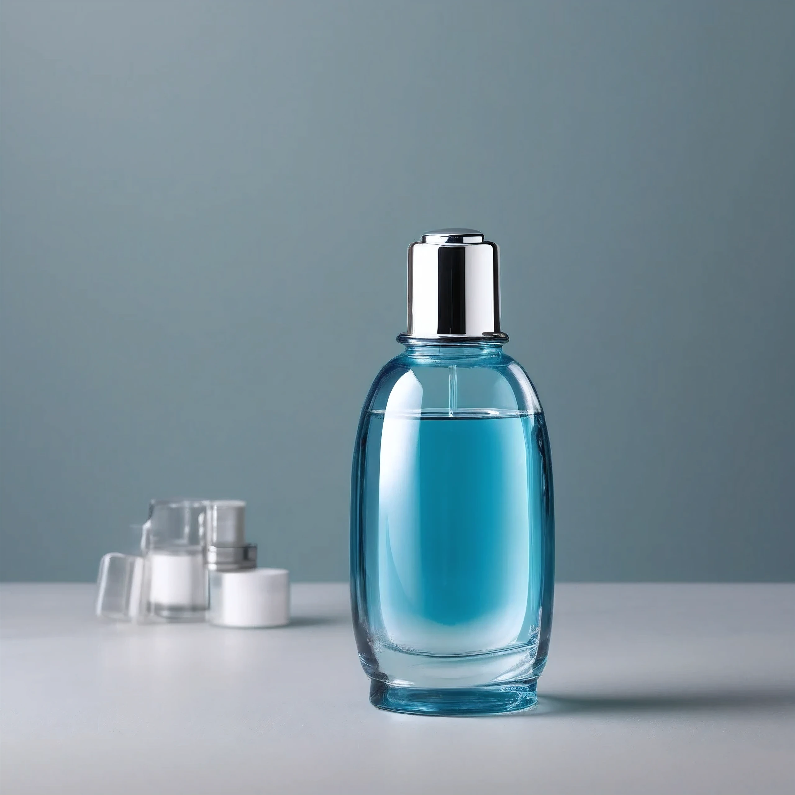 Barrel Shaped Cosmetic Glass Bottle, Inside is light blue liquid, Metallic Cap, White Background, Best image quality.