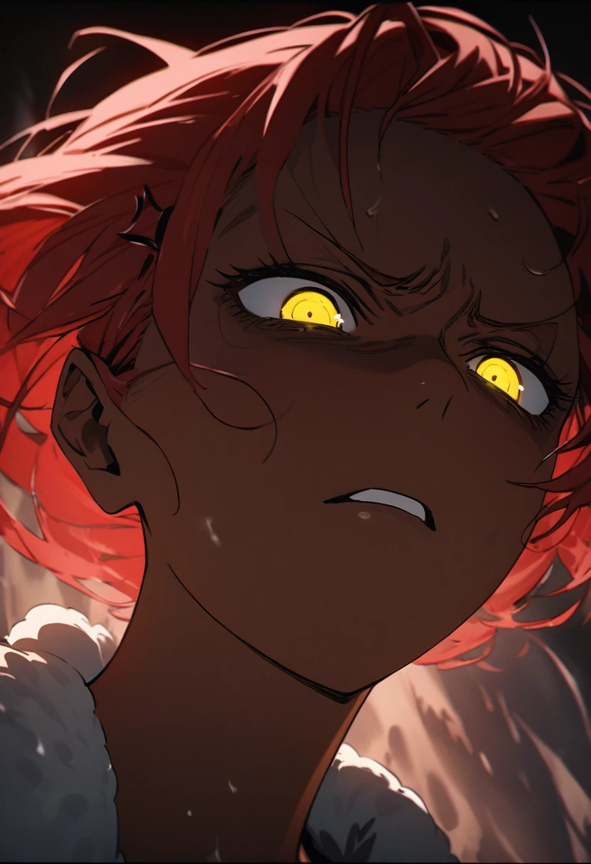 from below, face focus portrait, look down, best quality, super fine, 16k, 2.5D, delicate and dynamic, standing beautiful lady, tan skin, short red hair, piercing yellow eyes, cold stare of disgust, look of scorn and contempt, anger, unpleasant expression, dark atmosphere effect