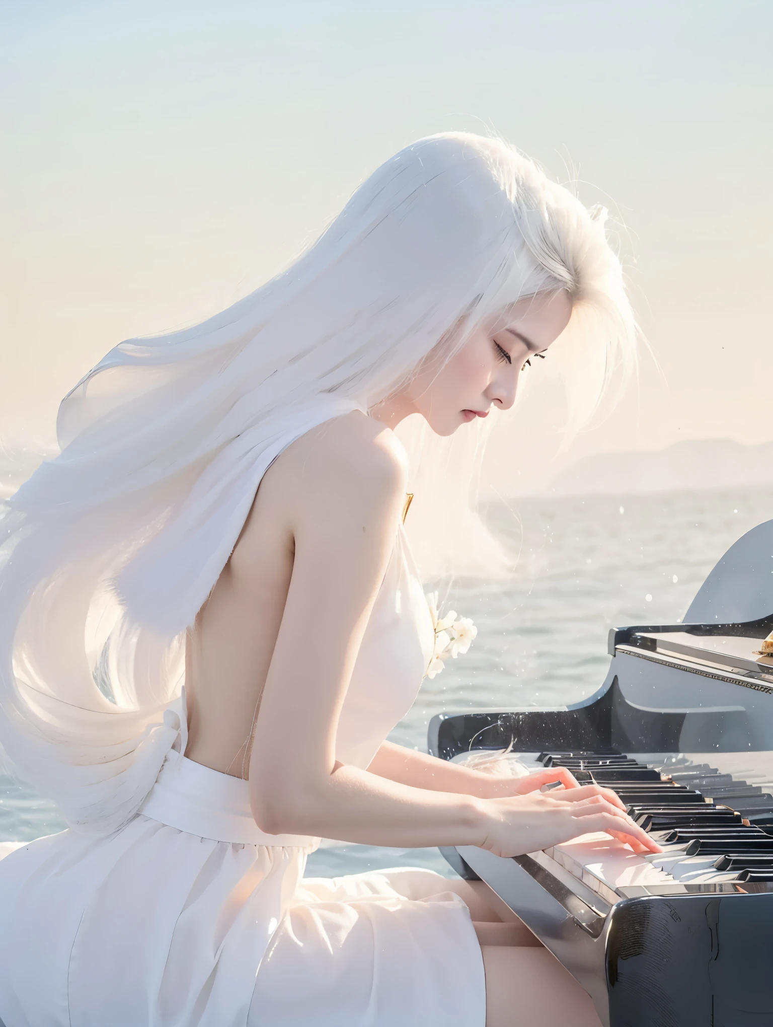 Beautiful Japanese Waifu, early 30s, white hair, white dress, playing piano at seasides 