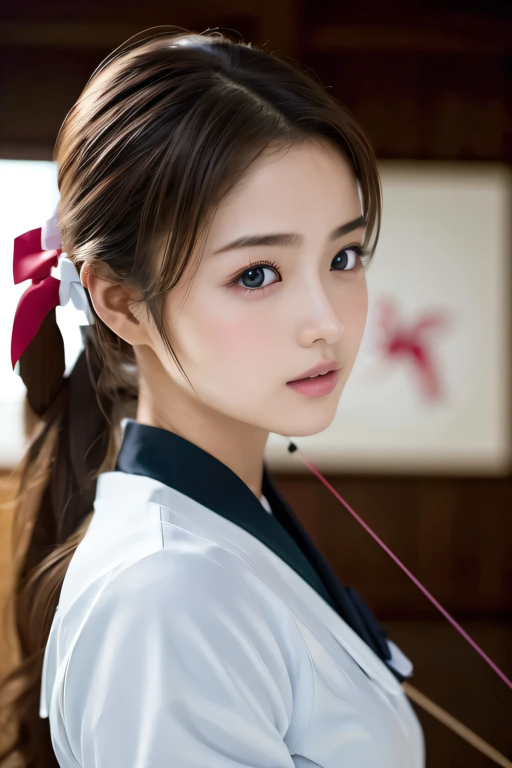 ((masterpiece, Highest quality, High resolution)), (Draw a bow:1.5), One girl practicing archery, (Realistic: 1.4), Great face, , Medium Hair, (Beautiful Hair:1.5), Kyudo uniform, The background is a kyudo hall, Side angle, Smooth, Highly detailed CG composite 8K wallpaper, High resolution RAW color photos, Professional photography, Light, BackLight, dream-like, impressive, Written boundary depth