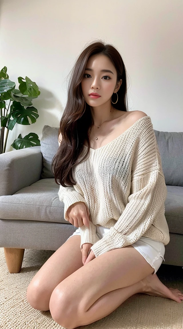 Dark brown hair、Light brown eyes、Japanese actress、 Lady、I am about 40 years old..、(Intricate details:1.2)、(Which one is on top??:1.4)、 (Ultra-high resolution:1.2)、Ultra-high resolution、(Finely tuned)、(Detailed facial features)、Hmph、8K resolution、D cup size breasts、Long Hair、Bright, sunny living room、Large windows、Extravagant space、relax、、,Full body photo、Head to toe shot、Beautiful legs、Summer knitwear、Beautiful legs、A refreshing room filled with sunlight、she, household items, (plant:0.8), Fashion Hub, Extreme Detail, Very detailed, Realistic, Hourglass-shaped body, Obscene pose,、、私 cry a lot、tears、person on the left、White wall、White floor、diagonally from below、Lift your chin、Relax your shoulders and place them against the wall.、relaxした表情、Pose of Weakness、