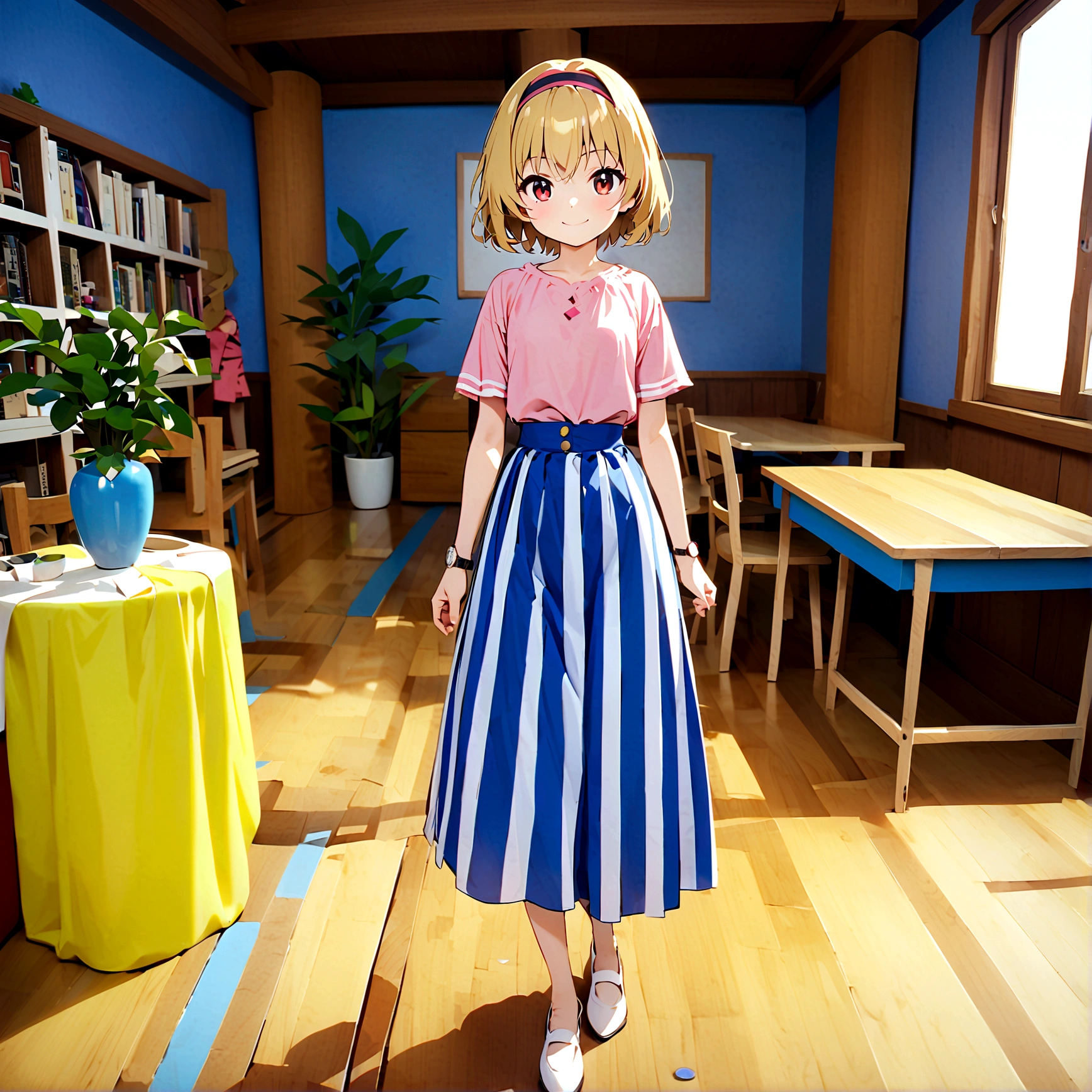 (Houjou_Satoko), (yellow hair), blonde hair, Red eyes, short hair, hair band, Small breasts, I&#39;m , 1girl, 独奏, looking at viewer, smile, bangs, skirt, shirt, standing, full body, short sleeves, striped, indoors, blue skirt, shadow, chair, table, white footwear, plant, pink shirt, long skirt, watch