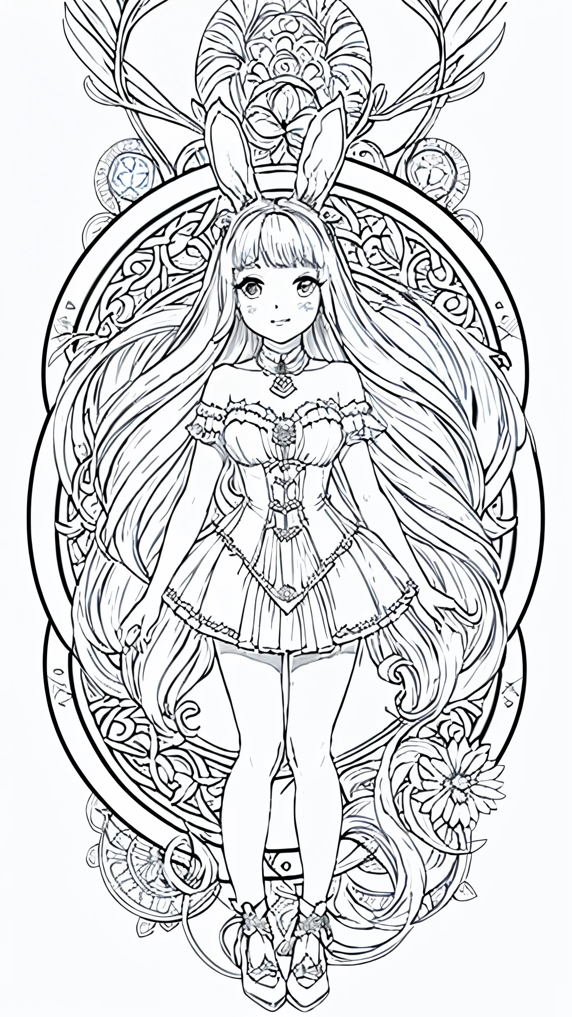 (Bunny girl:1.5), 8k, black and white drawing of circular design, intricate thin lines, centering radial design, coloring pages, simplified zentangle, coloring book outline, black and white only, no outline, intricate designs, coloring book, celtic design, intricate lines, no gradients