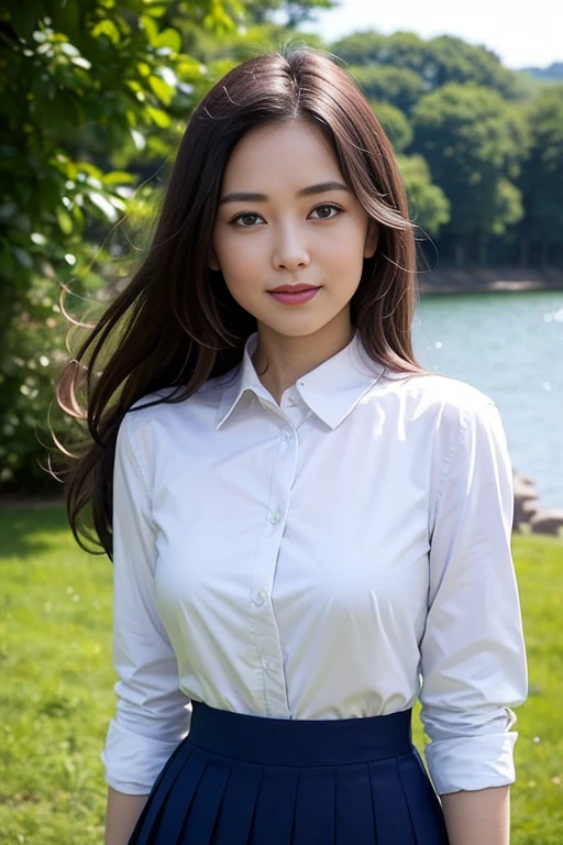 Skinny Japanese 40s woman, good wife, cute face, detailed face, detailed eyes, neat and clean, short-sleeve white shirt, walking along river, early summer, fine weather, clear sky, green fields, portrait
