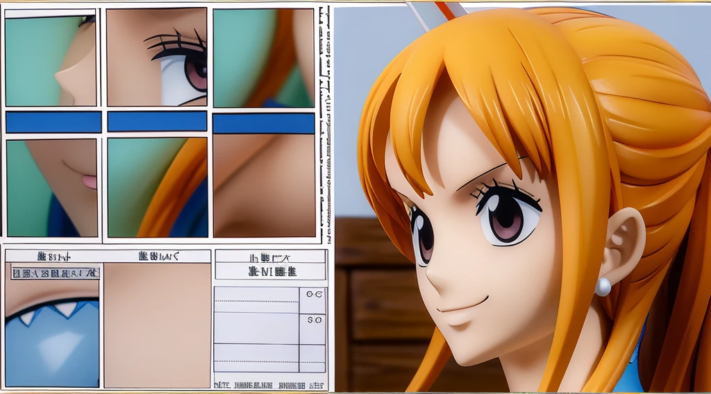 ((Best Quality)), ((Masterpiece)), (((detailed character sheet, frontal view, side view, three quarter view))) white background、whole body、whole bodyイラスト、whole bodyアニメーション、whole bodyリファレンスシート、Long Hair、smile、Cute face、Big Breasts、Long legs、Beautiful feet、8 heads tall、Detailed face、PVC、nami、one piece、stand at attention